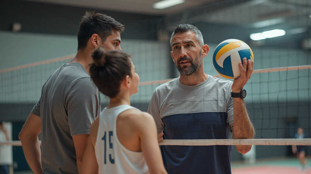 مدرب كرة طائرة ذو خبرة يقدم تدريباً فردياً لاعب شاب على تحسين تقنية الضرب