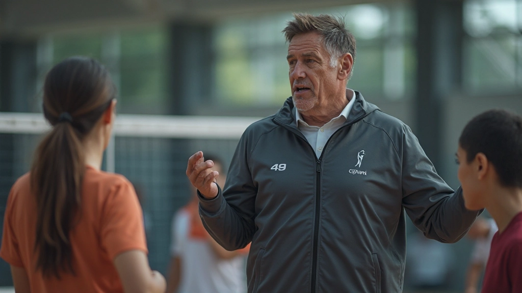 مدرب كرة طائرة يوجه لاعبين أثناء جلسة تدريب على تكتيك الدفاع