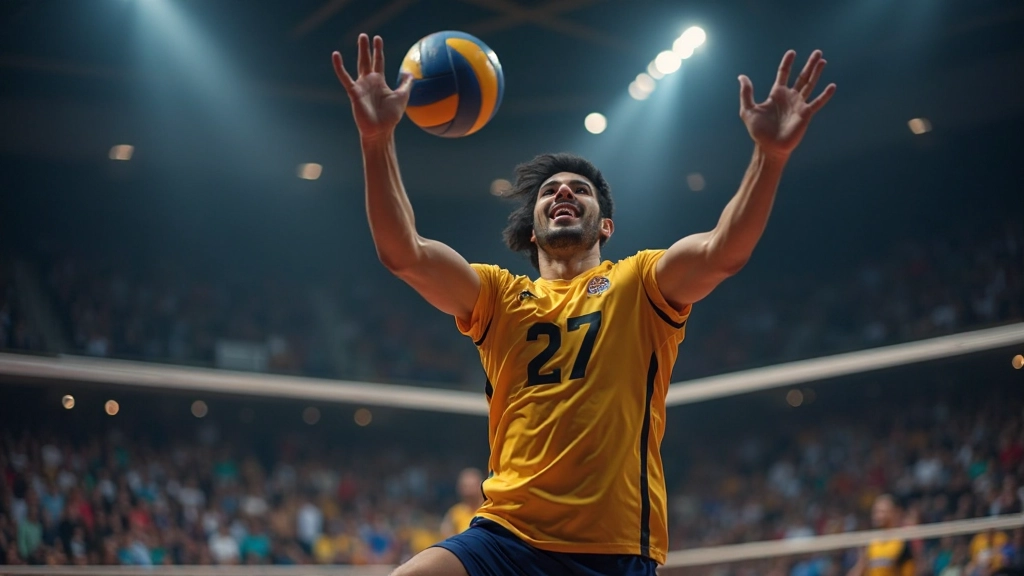لاعب كرة طائرة محترف يقوم بضربة هجومية قوية فوق الشبكة