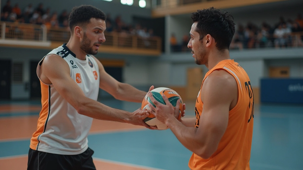 لاعبان من فريق الكرة الطائرة يقومان بتمرير واستقبال الكرة