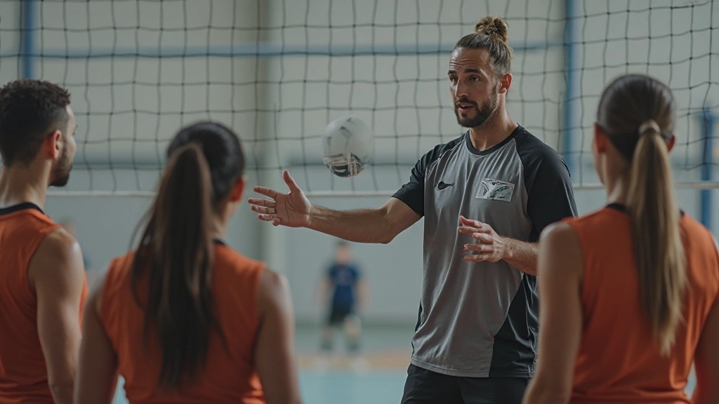مدرب كرة طائرة محترف يعلم فريقاً تقنيات التمرير الأساسية