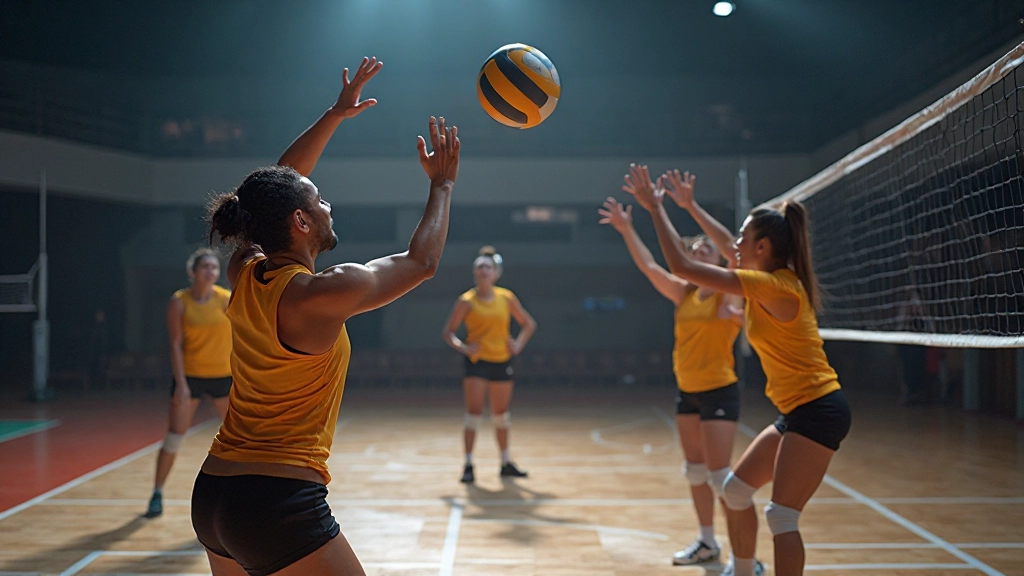 فريق كرة طائرة محترف يمارس تمرينات التمرير والاستقبال المتقدمة